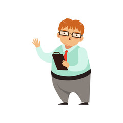 Cartoon nerd character standing with paper tablet in hand. Fat man in glasses, blue shirt, gray pants and red tie. Smart person with surprised face. Flat vector design