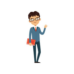 Intelligent teacher or student holding book and waving by hand. Cartoon nerd character in glasses and elegant blue suit with red tie. Flat vector design