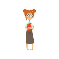 Confused nerd girl standing with book in hands. Cartoon female character with brown hair in glasses, blouse and long skirt. Smart person. Flat vector design