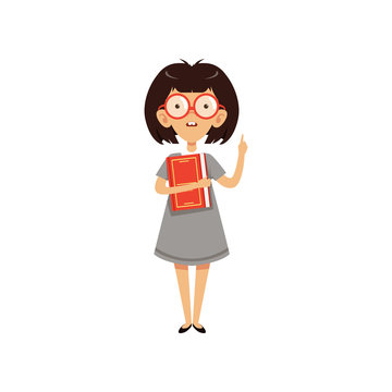 Funny nerd girl holding book and index finger up. Cartoon character with brown hair and two large front teeth. Smart kid in glasses and gray dress. Flat vector design