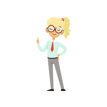 Confident nerd girl standing and holding index finger up. Cartoon teenager character with pony tail in glasses and school uniform. Confident smart person. Flat vector design