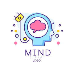 Silhouette of abstract human head with cable plug. Creative mind or generator of ideas. Brain energy sign in outline style. Original vector design for logo or mobile app