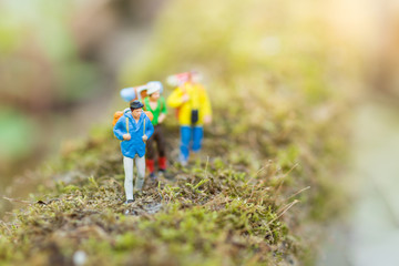 Fototapeta na wymiar Miniature people : traveler walking on the roads are cluttered with grass. Used to travel to destinations on travel business background concept.