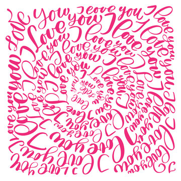 I love you. Vector Valentines Day text circle calligraphy hand drawn letters. Romantic quote for design greeting cards, tattoo, holiday invitations, for printing on a T-shirt, mug, pillow, cover