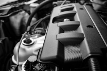 details of car engine, black and white photography