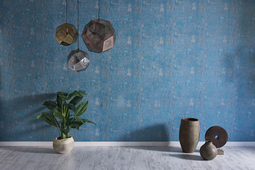blue wall wooden floor plant and objects