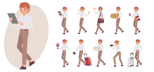 Cartoon character design male man collection in ten different pose and gesture