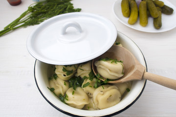 Appetizing dumplings with meat in broth.