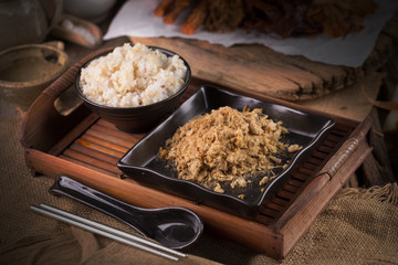 Dried shredded pork and mush, Chinese breakfast on Wooden Tray