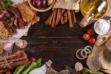 Chinese sausage and Pounded pork jerky for cook Top view on a wooden background