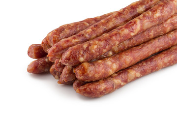 Chinese sausage and chinese sausage sliced for cook isolated on a white background