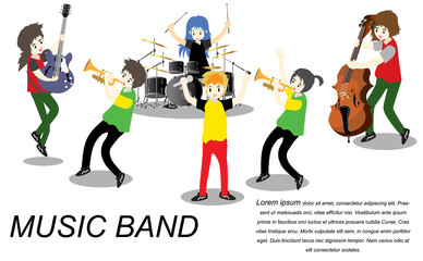 Musicians ska reggae group ,Play guitar,Singer, guitarist, drummer, solo guitarist, bassist, trumpetist. Ska band.Vector illustration isolated on background in cartoon style