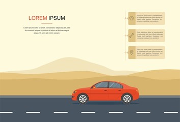 Red Car Driving on a Road in the desert . information, Rental car and Auto leasing banner.	
