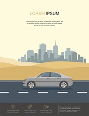Gray Car Drive on Road in the Desert Vector Flat Illustration