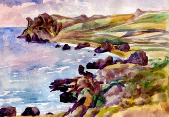 seascape. Watercolor painting. Mountains