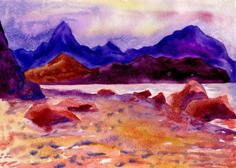 
Landscape. Watercolor painting. Mountains, evening