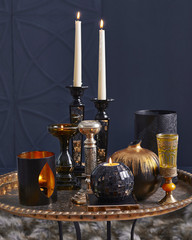 Fototapeta na wymiar dark blue room interior and candle style modern home decoration