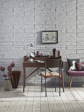 wooden desk office room style stone wall decoration © UnitedPhotoStudio