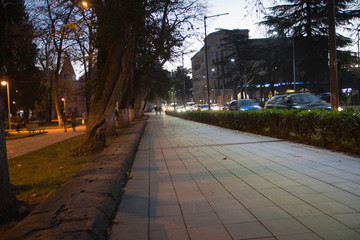 Obraz premium Night scene of city road in Kutaisi. City night park in autumn with paths strewn