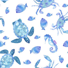 hand drawn watercolor seamless pattern made of figures of sea creatures