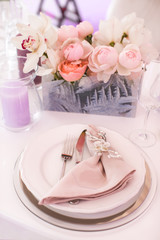 Table set for wedding or another catered event dinner