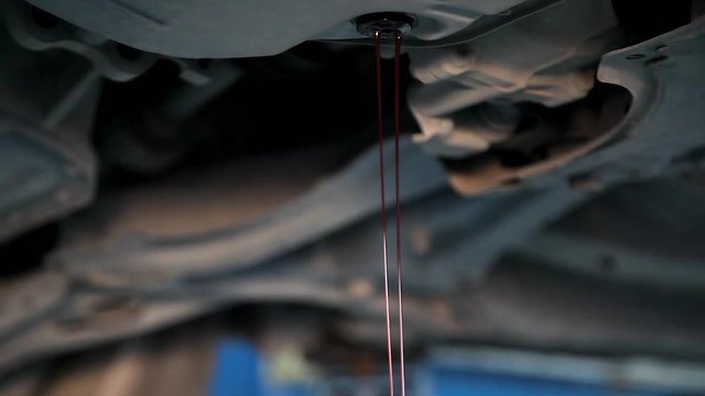 Auto Mechanic Draining Old Gear Oil Transaxle Underneath the Car Lift at the Garage
