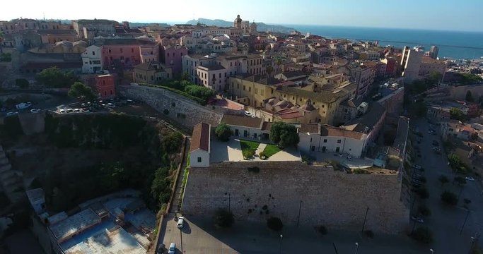 CAGLIARI, SARDINIA, ITALY  &ndash; JULY 2016 : Amazing aerial shot over Cagliari landscape on a beautiful day with sea and cityscape in view