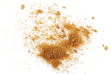 Unrefined brown cane sugar pile isolated on white background, top view