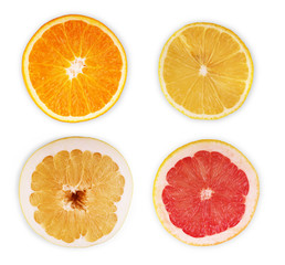 Citrus fruit. Orange, lemon, lime. Slices isolated on white background. Collection.