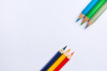 Rows of Multicolored Pencils in Diagonal Position Bottom and Top on White Paper Background. Business Creativity Graphic Design Crafts Kids School Concept. Copy Space