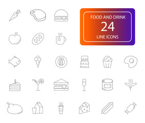 Line icons set. Food and drink pack. Vector illustration.