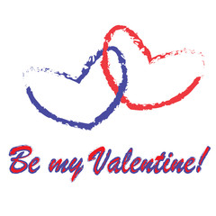 Vector illustration for a greeting card, wrapping paper or banner to the Day of all lovers with the image of a blue and red heart and the inscription "Be my Valentine!" on a white background