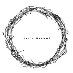 Wreath from the branches of the vine. Vector black and white sketch. Isolated frame.