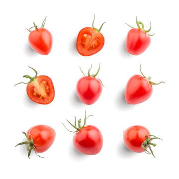 Seamless pattern with fresh red tomatoes. Isolated tomato on white background. Cut out collection