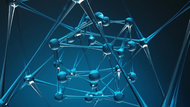 Atom spheres intro.Molecular net chain from glass and crystal.Beautiful 3D render of crystal atom cells.Blue.Type 1