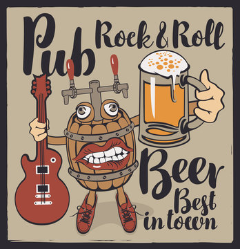 Vector banner with inscriptions Rock-n-roll pub, best beer in town. Illustration in a flat style with a fun beer monster in the form of a barrel that holds a guitar and a full glass of beer