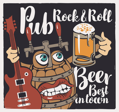 Vector banner with inscriptions Rock-n-roll pub, best beer in town. Illustration in a flat style with a fun beer monster in the form of a barrel that holds a guitar and a full glass of beer