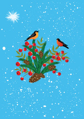 Bullfinches on a branch of Christmas trees, fir cones, red berries holly - snowy blue background - vector art illustration