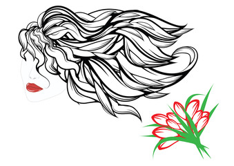 Long developing hair - woman's face - red lips - bouquet of flowers - tulips - isolated on white background -art abstract vector illustration