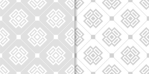 Light gray geometric ornaments. Set of seamless patterns
