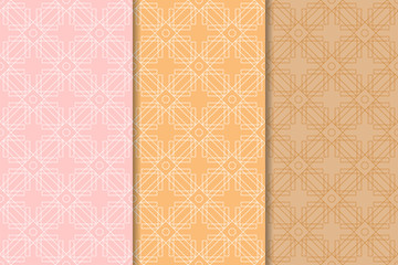 Geometric backgrounds. Orange seamless wallpapers. Colored set