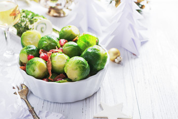Brussels sprouts with bacon,  and caramelised onion
