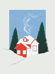 Winter landscape - home, from a tube goes smoke, fir-tree - abstract art, vector illustration. Christmas, New Year, Banner