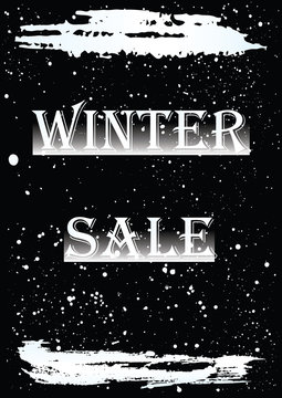 Banner Winter sale - brush stroke, falling snow on a black background - vector.