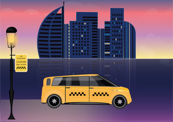 Obraz na płótnie Canvas Taxi, lantern, billboard, night, city, reflection in water - art modern vector illustration.