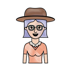 woman half body with hat and glasses and blouse with short straight hair in colored crayon silhouette