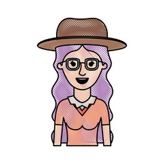 woman half body with hat and glasses and blouse with long wavy hair in colored crayon silhouette