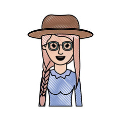 woman half body with hat and glasses and blouse long sleeve with braid and fringe hairstyle in colored crayon silhouette
