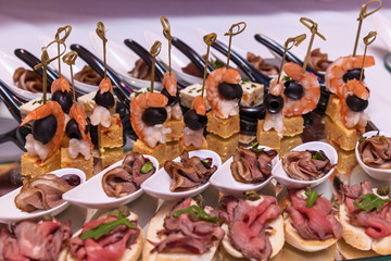 Shrimp with olives, cheese with grapes and canapes with meat. Cocktail Reception