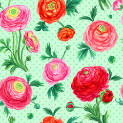 Watercolor seamless pattern of flowers Ranunculus against a background of polka dots.